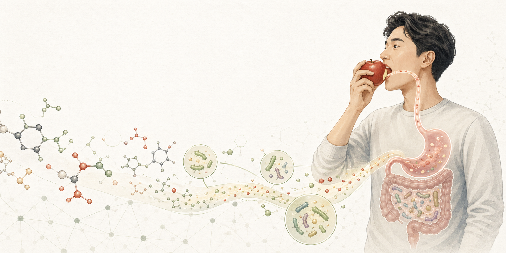 Scientific illustration of apple-derived molecules moving through digestion and microbial metabolism.